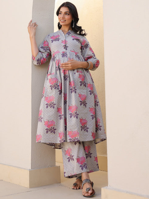 Grey Pure Cotton Foil Printed Flared Maternity Kurta Set